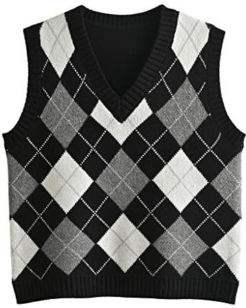 Hyipels Women's Sweater Vest,Y2K Sleeveless Pattern Preppy Style Knitted Crop Tank Top for Girl
