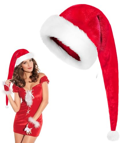 Seachrgif Cappello Babbo Natale Lungo,Cappello Babbo Natale Adulto,Peluche Cappellini Natale (80CM rosso