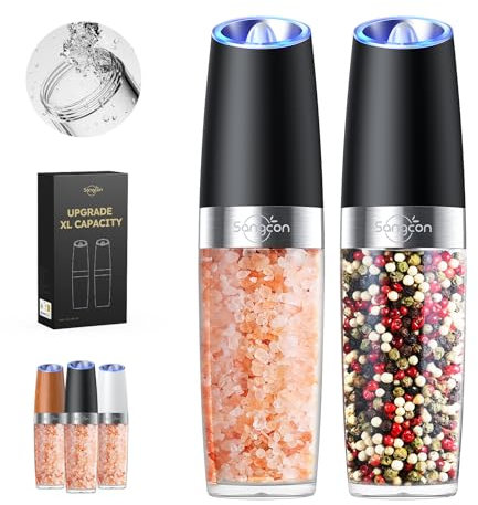 Sangcon Gravity Juego de Molinillos Eléctricos para Sal y Pimienta，9 Oz Alta Capacidad, Alimentado por Batería, Operación con una Sola Mano, Molinillos especias Automáticos(Negro)