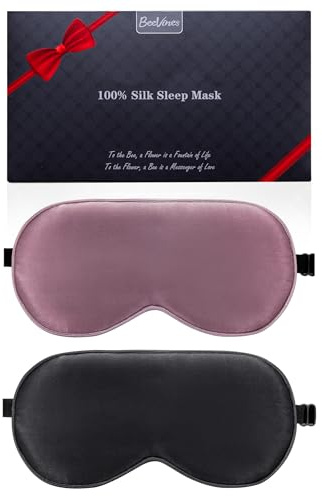 Maschera per Dormire BeeVines in Seta, Confezione da 2, 100% Seta Pura, Cinturino Regolabile (11 Nero e Viola Rubino)