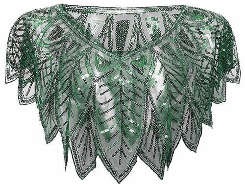 BAOKELAN Damenschal im Stil der 1920er Jahre, Pailletten-Perlen, Abendumhang, Retro-Wickeltuch, Schal, Abdeckung für Hochzeit, Party, Brautkleid, Grün B, Einheitsgröße