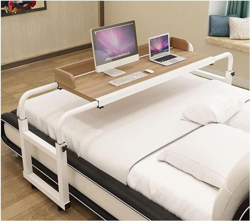 Laptop-Betttisch, mobiler Überbetttisch, Computertisch mit Rollen, höhenverstellbar, Steharbeitsplatz, Essenstablett, Schreibtisch zum Essen im Bett (Farbe: Holz)