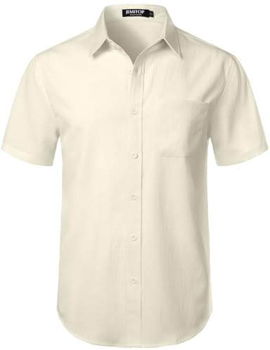 JEMITOP Men's Stretch Wrinkle Free Short Sleeve Texture Shirt Summer Lightweight Button Down Shirts for Beach Vacation, Cream White, 3XL