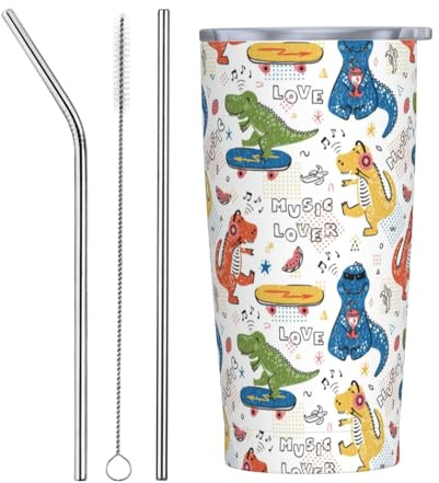 VOSERY Botella de agua de 20 onzas con tapa y popote, vaso aislado de dinosaurio, vasos de acero inoxidable, taza de café de viaje, vaso personalizado