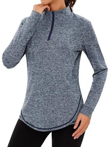 Terecey Haut de Running Femme 1/4 Zip à Manches Longues Sweatshirt Sport Léger Respirant Séchage Rapide Pull de Course Fitness Jogging Extérieur