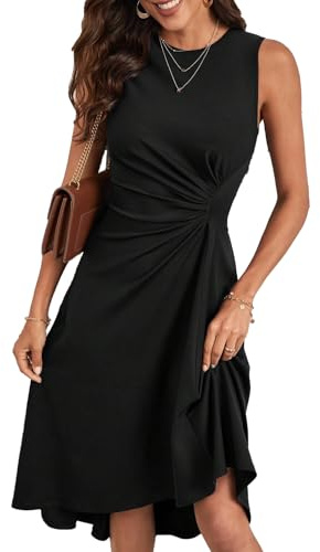 HUXRAKV Vestito Donna Elegante da Cerimonia Abito Solido Pieghe in Vita Abito Midi con Linea ad A Vestiti da Cocktail Estivi Senza Maniche,27-Nero,S