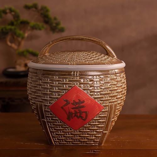 Chinese Retro Ceramic Rice Bucket,Chinese Sealed Large-capacity Rice Pot,Retro Ceramic Cereal Storage Container,Cereal Dispenser Container,Grain Container Ceramic Rice Jar,for Rice,Soybeans, Corn(15kg