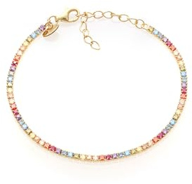 Louis Ciocchetti Since 1887 Rainbow Tennis Pulsera en plata de ley 925 con circonita cúbica 5A de 3 mm y cadena de plata chapada en oro, ajustable, elegante joyería para mujer
