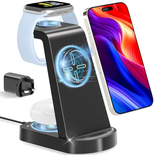 bakibo Wireless Charger 3 in 1 for i Phone 17/16/15/14/13/12 Pro Max Plus | Wireless Charging Station Dock Stand for Watch 10/9/8/7/6 Pro Max Plus, Air-Pods 3/2/1/pro (with Adapter), Black