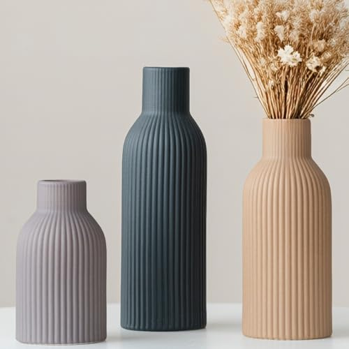 Moderne Keramikvasen-Set, 3-teilig, Gerippt, Pastellfarben, Dekorative Vasen für Wohnzimmer (Schwarzer Mix)