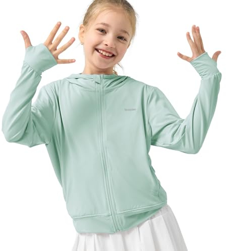 Rolanko Chaqueta de Manga Larga para Niña Protección Estival Contra los Rayos UV Capucha de Secado Rápido Con Agujeros para los Pulgares para Niños, verde, 6-7 Años