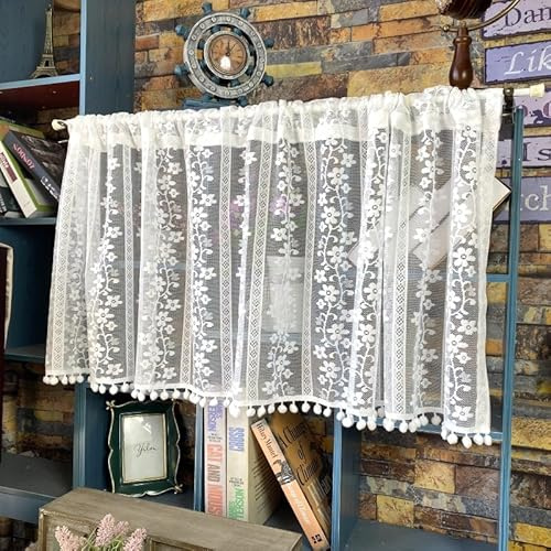 Jeeman Jacquard Bistrogardine mit Bommeln Weiß HxB 45x90cm 1 Stück