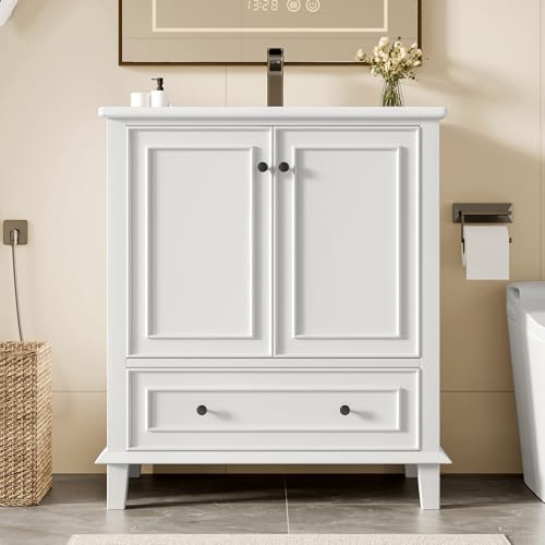 Mielvu 76 x 46 x 87 cm Armadietto da pavimento con lavabo, lavabo, gambe in legno massello, materiale MDF, resistente all'umidità e all'acqua, ampio spazio di archiviazione, lavabo in ceramica