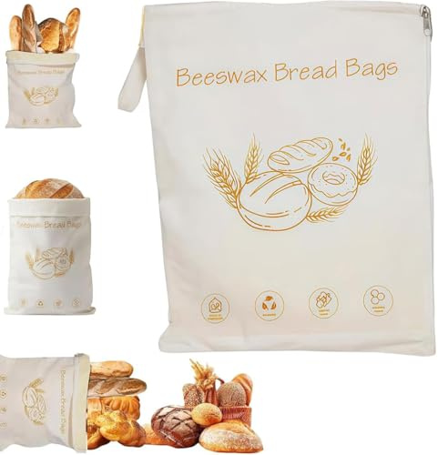 Wide Zipper Access Cotton & Beeswax Bread Bags for Sourdough, Natural Beeswax-Lined Cotton Storage Bags With Zipper, Large Reusable Beeswax Bread Bags for Freezer & Refrigerator, Keep Bread Fresh