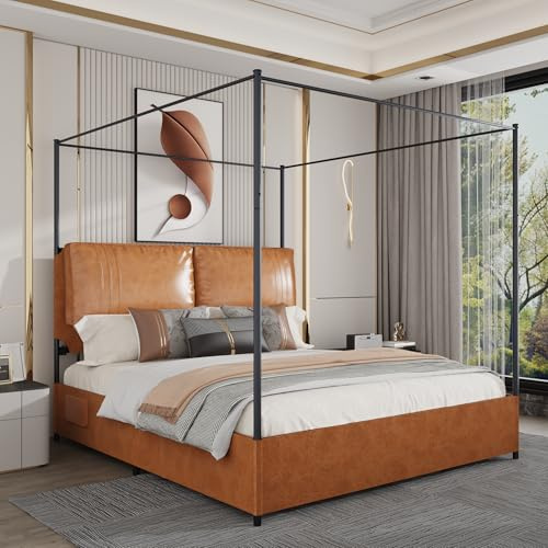 madeslves Polsterbett 140x200 Bett mit Matratze und Lattenrost - Moderner Metallbett Himmelbettrahmen mit Gepolstertem Kopfteil aus Kunstleder Hohes Himmelbett aus Metall mit Plattform (140x200 cm)