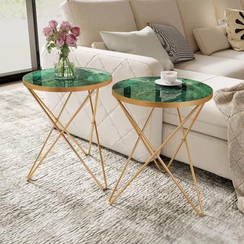 HOLTICO Beistelltisch rund, Sofatisch für Wohnzimmer, Grün Gold 2er Set | Modern Couchtisch rund, Wohnzimmertisch, Kleiner Tisch mit Marmormuster