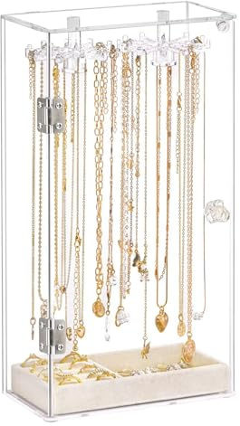 Acryl Schmuckständer Kettenhalter - Schmuck Ständer mit 24 Haken, Kettenständer Drehbar Klarer Staubdicht Halskette Display Schmuckständer Box Transparent Schmuck Aufbewahrung Ständer mit Samt Tablett