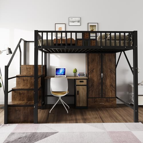 Luxeza Cama alta de metal con diseño de barandilla de madera y rejilla metálica, completa con armario grande, cajones y escalera de almacenamiento, negro (140 x 200 cm)