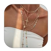 OuryTech Kreuz Kette, Layered Gold Cross Necklaces für Damen, Trendy Bohemian Bead Pearl Y Long Pendant Set, Vintage Rosary Necklace Stack mit Einstellbarer Länge