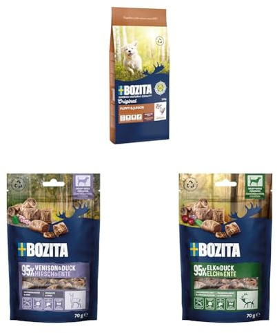 Bozita Hunde Futter- & Snackpaket – 12kg weizenfreies Welpenfutter mit Huhn & 2 Sorten getreidefreie Hundesnacks mit Hirsch, Elch & Ente – vollwertige Ernährung & schmackhafte Belohnung