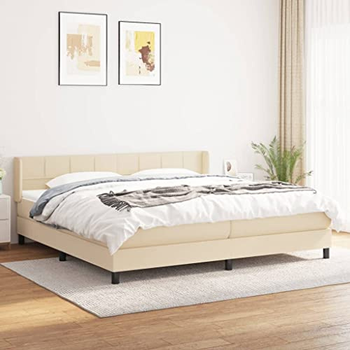 Mokuyary resårsäng med madrass, krämfärgad, 200 x 200 cm, tyg, sängram, säng med ribbotten, plattform, sängram, enkel montering för sovrum, gästrum – R