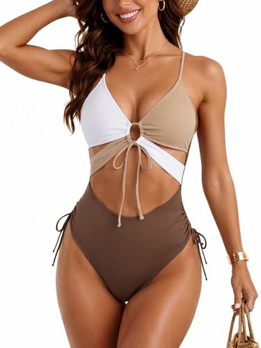 Leoparts Women's Sexy One Piece Swimsuit V Neck Cutout Bathing Suit High Cut Color Block Swimwear Monokini