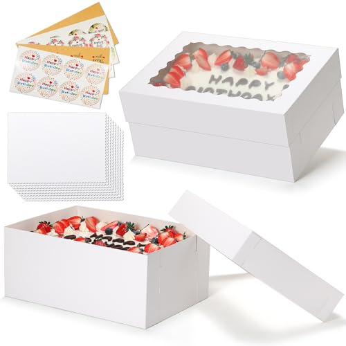 COTOPHER 14x10x6 In Sheet Cake Boxes, 16 Pcs White Bakery Boxes with Large Window (8 Boxes & 8 Boards), Cake Containers for Quarter Cakes, Donuts, Cupcakes, Brownie, Pastry & Pies Packaging