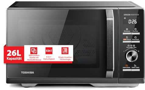 Toshiba Microondas 6 en 1 combinado con AirFry, 26 litros, Chef Defrost, cocción a vapor, 10 modos, menús automáticos, microondas 900 W, parrilla 1000 W, negro-MW3-AC26SFI(BK)