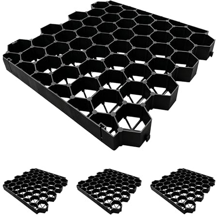 Relaxdays Rasengitter Kunststoff, 4er Set, 4x50x50 cm, ohne Unterbau, befahrbar, Paddockplatten, Rasenplatten, schwarz