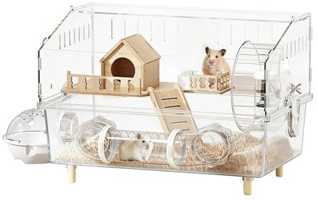 Lebensraum für Hamster, Haus aus transparentem Acryl, mit zwei Etagen, multifunktionaler Käfig mit Übungsrad und Wasserbrunnen, Katzenhaus inklusive, Zubehör für Aktivität, Erholung, Hamst
