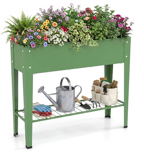 COSTWAY Jardinière Surélevée en Métal, Potager sur Pied avec Trous Drainage Étagère de Rangement, pour Balcon Terrasse Cour, Lit de Jardin pour Légumes Fleurs Fruits, 95 x 31 x 80 cm (Vert)