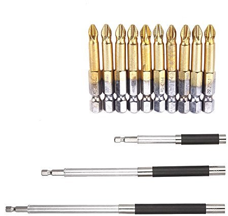 NUZAMAS 3-Piece Extendible Hex Shank Magnetic Screwdriver Drill Bits Holder Extension Connection Adapter & 10 Extra Long Screw Driver Bits 50mm