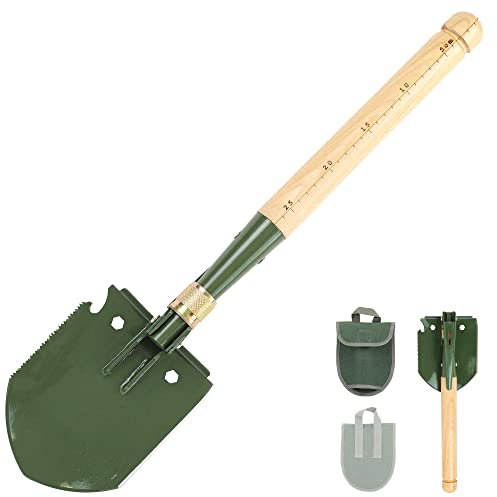 Mastiff Gears ® Wooden Handle Folding Survival Shovel w/Pick - Heavy Duty Carbon Steel Military Style Entrenching Tool for Off Road, Camping, Gardening, Beach, Digging Dirt, Sand, Mud & Snow