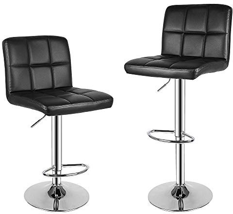 bigzzia Taburete de Bar Juego de 2, Taburetes Altos de Cocina, Cuero Sintético Silla de Bar Regulable en Altura con Respaldo y Reposapiés, Giratorio en 360°, para Cocina, Mostrador, Bar, Negro