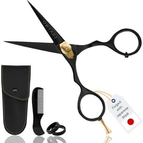 ONTAKI Beard Moustache Scissors 5.5 Professional Japanese Steel Comb, Carrying Pouch Beard Mustache Trimming Hand Forged Bevel Edge Precision Men Facial Hair Grooming Kit Body Facial Hair Black Gold