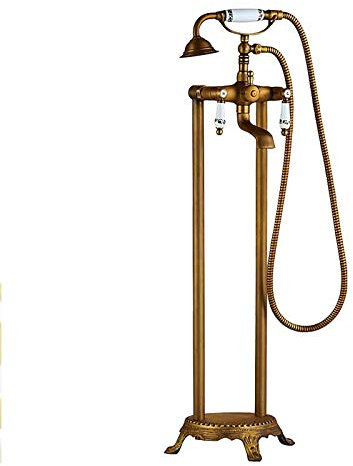 GLYYR Antike Wannenarmatur Freistehende Badewannenarmatur Wasserfall Wannenbatterie mit Handbrause, Messing Badewanne Wasserhahn Bodenmontage Wannenmischer,Antique Brass d