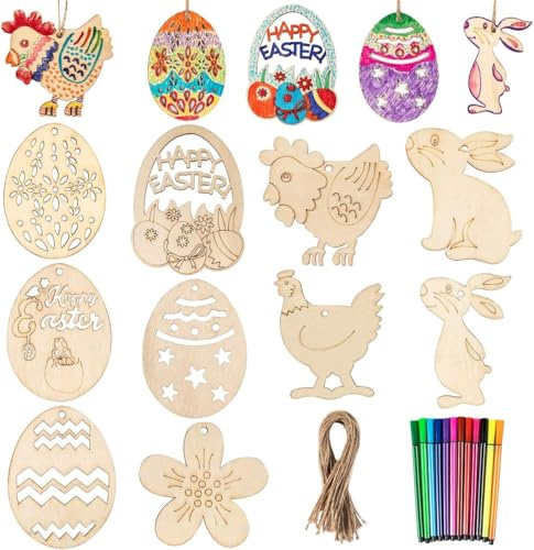 Artigianato in legno di Pasqua, Gyvazla 50PCS Ornamenti non finiti Uovo di Pasqua Bunny Pollo Fiore a forma di appeso Ritagli di Pasqua in legno con 12 pennarelli colorati