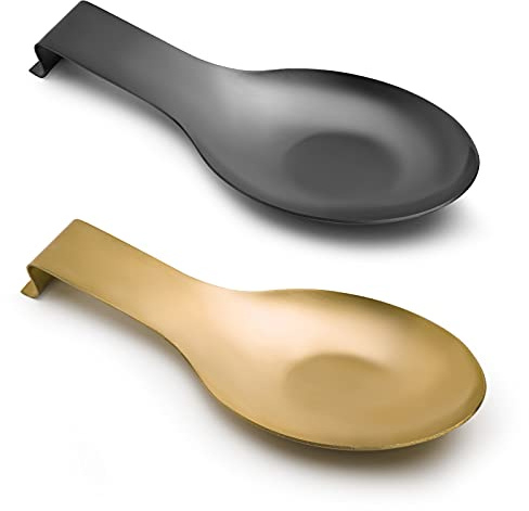 Repose-cuillère en acier inoxydable pour comptoir de cuisine, repose-ustensile de cuisine, support de louche, résistant à la rouille, grand format, repose-spatule, 24.6 x 9.4 cm, noir et doré