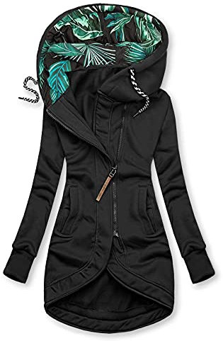 SOIUTAO Winterjacke Damen Sweatjacke Lang Hoodie Langarm Blumenmuster Beiläufig Herbstmantel mit Kapuze Wintermantel Winterparka Windjacken Lauschig Einfarbig Warm Übergangsjacke