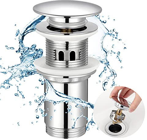 KES Ablaufgarnitur Waschbecken mit Überlauf Waschbeckenstöpsel Pop Up Ventil Abflussstopfen mit SUS304 Edelstahl Siebkob Abfluss Stöpsel Ablaufventil Verchromt, S2019A-CH
