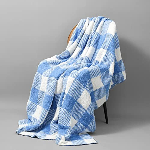 Buffalo Plaid Überwurfdecke for Couch, Sofa, Bett, weiches, gemütliches Fleece, warm, blau und weiß, Karomuster, dekorative, leichte, flauschige Mikrofaser, karierte Decken for alle Jahreszeiten, 127