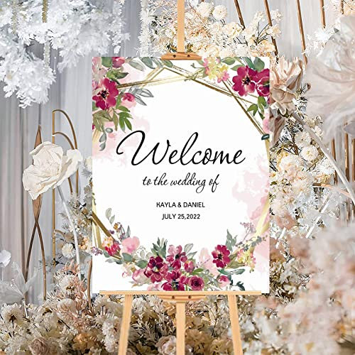 Panneau de bienvenue moderne en bois à motif floral rose - Panneau de bienvenue de mariage rustique en bois pour cérémonie de mariage - Décoration de fête d'anniversaire de mariage - 30,5 x 40,6 cm