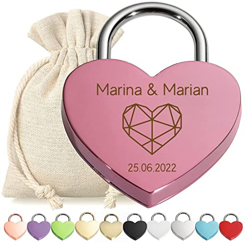 polar-effekt Herz Liebes-Schloss Bügelschloss personalisierte Gravur Pink - Motiv Polygon Herz - Geschenkbeutel - mit Schlüssel - Jahrestag, Verlobung - Sie & Ihn - Paar, Ehepaar - Present, Love