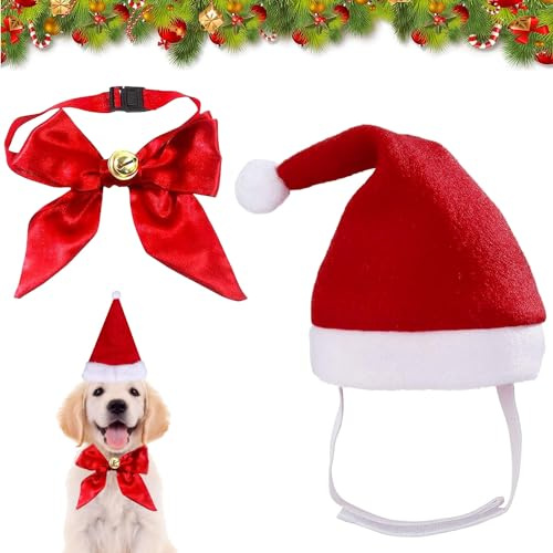 Haustier Weihnachtsmütze,Hunde Katzen Kostüm Zubehör Set,Haustier Stirnband mit Haustier Krawatten und Glocken,Weihnachts Outfit Geschenk für Welpen Kleine Katzen Hunde Haustiere