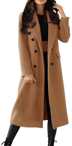 Dam elegant ullrock dubbelknäppt trenchcoat lång revers vinterrock enfärgad nedvikbar krage överrock lätt lång vindtät kappa, kaki, M