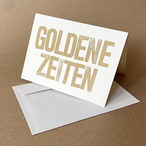 10 Recycling-Klappkarten mit weißen Recyclingumschlägen (C6 Futura): Goldene Zeiten, goldener Druck auf cremeweißem Recyclingkarton