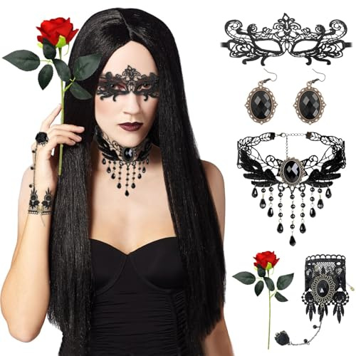 Halloween Schwarz Perücke set,Schwarz Lange Gerade Perücke+Steampunk Halskette+Ohrringe+Armbänder+Lace Augenmaske+Künstliche Rosen,Perücke Hexe für Cosplay,Halloween, Karneval und Themenpartys