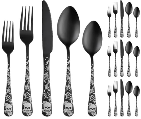 XIAOYU 20 Piece Black Gothic Matte Flatware Set, 5 Sets of 4 Piece Skull/Flower/Butterfly Pattern Cutlery, Stainless Steel, Dishwasher Safe, Halloween & Festival Tableware
