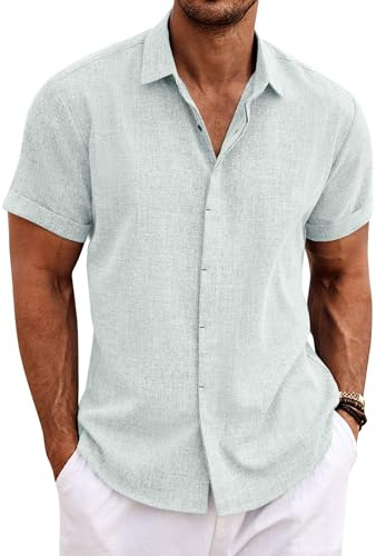 COOFANDY Men's Linen Shirt Short Sleeve Button Down Casual Shirt Beach Clothing Fashion Summer Tops Mint Blue