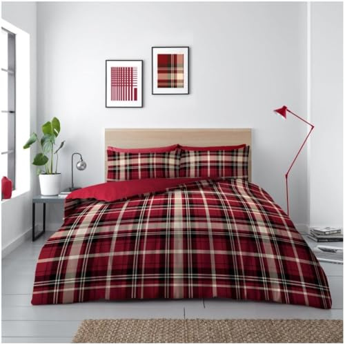 GC GAVENO CAVAILIA Tartan Check Bedding Sets King Size With Pillow Cases |Printed Microfiber Red Quilt Cover Sets | Reversible Kingsize Duvet Cover Sets